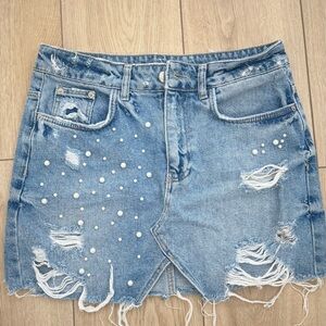 Distressed Blue Denim Shorts with Pearl Accents